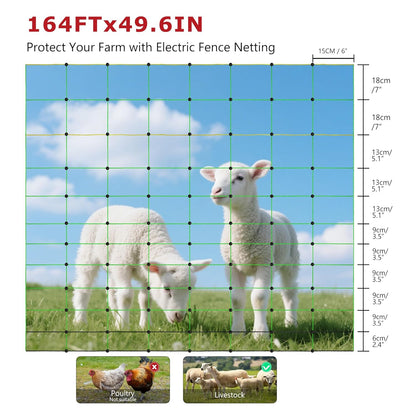 Electric Fence Netting, 49.6" H x 164'L, Electric Poultry Fence, Net Fencing Kit, Movable Livestock Nets for Yard,Backyards,Farms,Ranches, Energizer Not Included