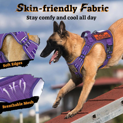rabbitgoo Dog Harness for Large Dogs No Pull, Tactical Service Pet Vest with Molle and Control Handle, Adjustable and Reflective Military Harness for Easy Walking and Training, Purple, XL