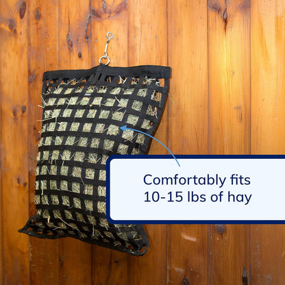 SmartEquine Slow Feed Hay Bag for Horses | Hay Feeder Net with Resistant Nylon | Gator Mouth Enclosure for Easy Loading | Fits 10-15 lbs of Hay | 4 Flakes Bag | 37" x 30" | Navy Blue | 2" Holes