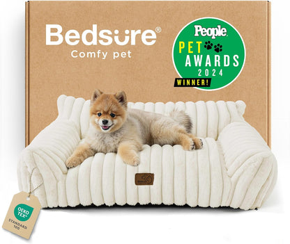 Bedsure Cute Cat Couch for Pets - Fluffy Small Dog Sofa with Premium Soft Corduroy Fleece, Pet Sofa with Removable Washable Cover, Supportive Dog Couch Bed for Small Medium Dogs, 30inch, Cream