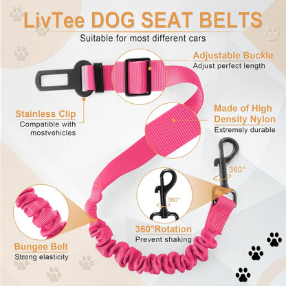 LivTee Dog Seat Belt for Car, Retractable Pet Safety Harness, Adjustable Nylon Dog Seatbelt Leash, Comfortable Dog Accessories for Vehicles (Pink-2PCS)
