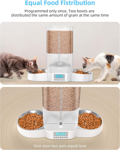 HoneyGuaridan Automatic Cat Feeder for Two Cats,5L Cat Food Dispenser with Stainless Steel Bowl,Timed Feeder Programmable 1-6 Meals Control, Dual Power Supply,Desiccant Bag,10s Meal Call White