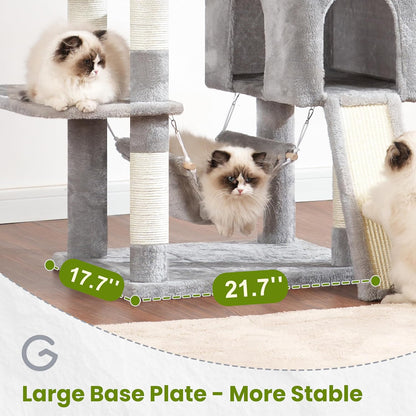 Cat Tree for Indoor Cats, 71'' (180cm) Multi-Level Cat Tower for Large Adult, Sturdy Cat Tree House with 2 Scratching Boards 7 Posts, 2 Plush Perches/Condos, Hammock, Light Gray GCT032W