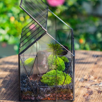 NCYP Geometric Glass Terrarium with Lid for Succulent, Small Cactus - Handmade Clear Closed House Shape Box - Home Indoor Tabletop Garden Decor, Black 9.4" x 5.5" x 7.3" (No Plants)