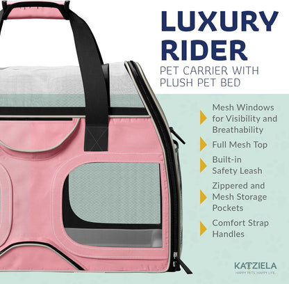 Katziela Pet Carrier - Airline Compliant Dog Carrier - TSA Approved Pet Carrier for Small Dogs and Cats - Soft FAA Travel Airplane Dog Carrier Luggage (Pink/White-6 Wheels)