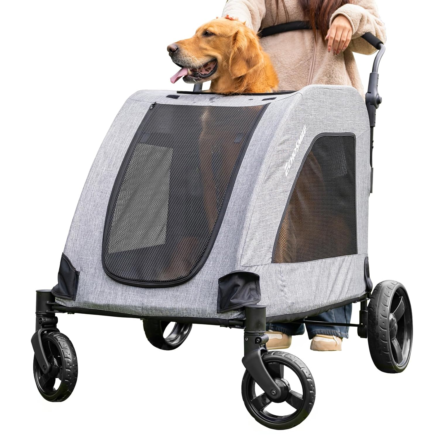 EchoSmile XL Extra Large Dog Stroller - Adjustable Handles,Lightweight Folding Pet Stroller,All-Terrain 4 Wheel for 2 Medium Dogs,Dual Entry Safety Dog Stroller,Capacity 160 lbs,Gray - Pawvie