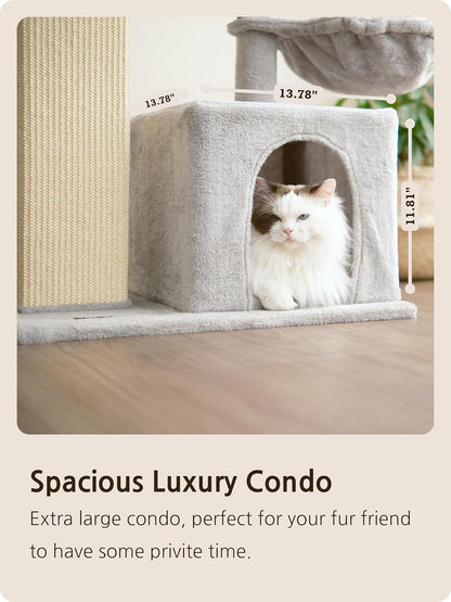 Ouritsu Cat Tree, 27 inch Cat Tower for Large Cat Indoor, Enlarged Condo, 1 Widened Padded Perch, Luxury Tall Scratching Post, Fluffy Basket, Light Gray, MF002GA