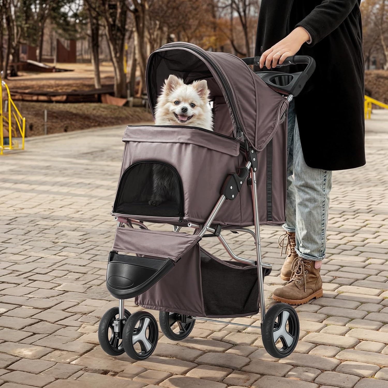 MoNiBloom Foldable Dog Strollers for Small Dogs with Weather Cover, 3 Wheels Pet Strolling Cart for Dogs and Cats with Storage Basket and Cup Holder, Breathable and Visible Mesh for All-Season, Coffee - Pawvie