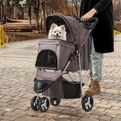 MoNiBloom Foldable Dog Strollers for Small Dogs with Weather Cover, 3 Wheels Pet Strolling Cart for Dogs and Cats with Storage Basket and Cup Holder, Breathable and Visible Mesh for All-Season, Coffee - Pawvie