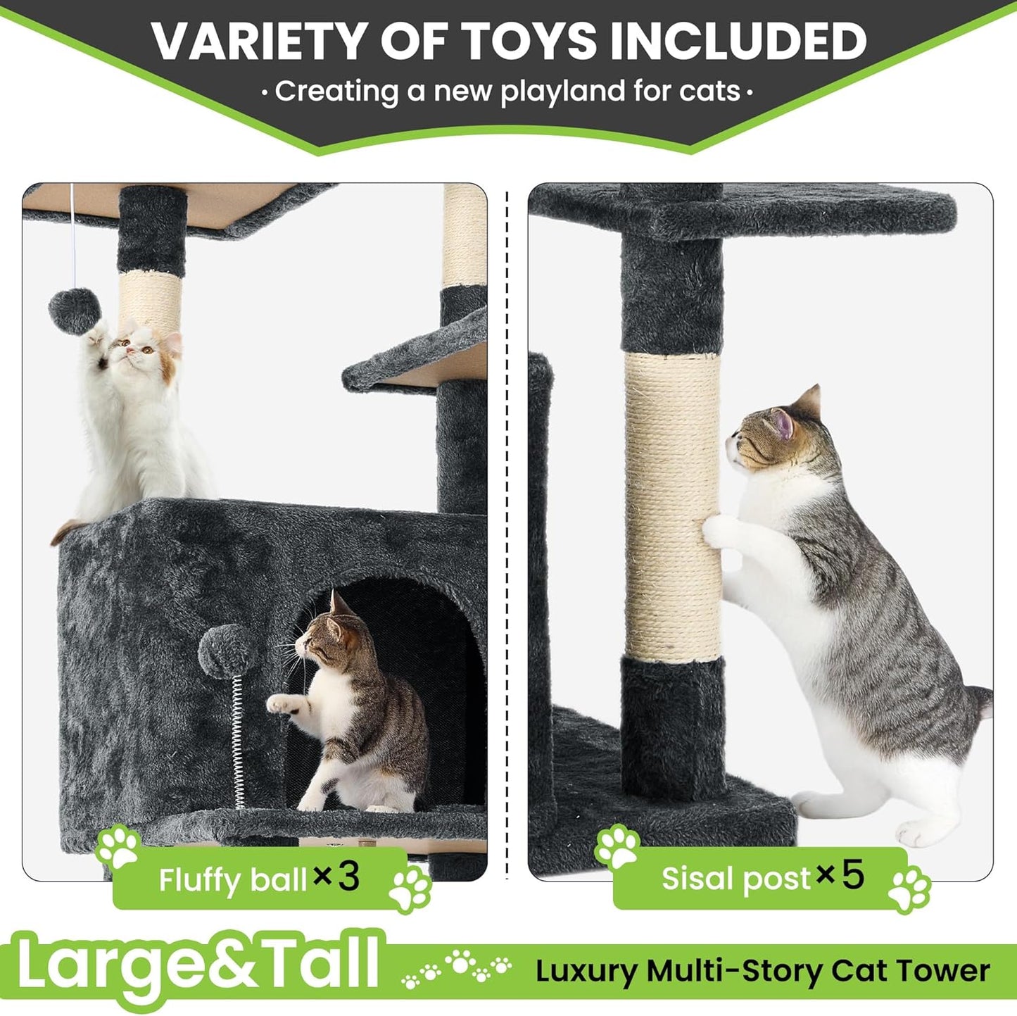 69in Large Cat Tree Tower for Indoor Cats with Soft Plush Hang Ball, Two Condos, Sisal Scratch Posts & Rope Play for Kittens/Adult Cats, Deep Grey