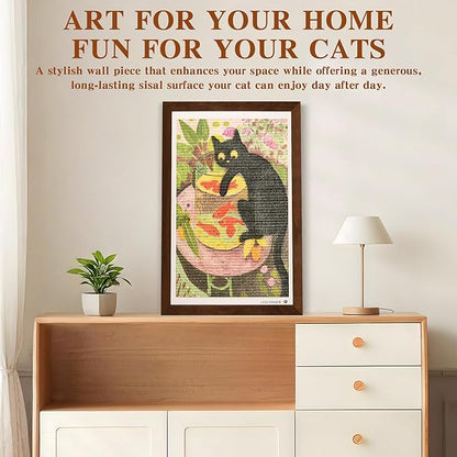 Wall Art Cat Scratcher Sisal Mat, No-Drill Wall Mounted Cat Scratch Pad with Frame, 13.8 x 21.7 Inch Cat Wall Scratchers for Indoor Cats（Goldfish）