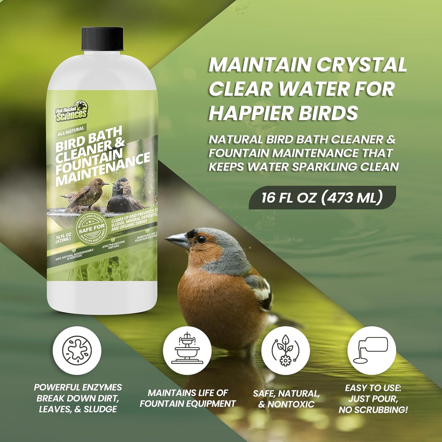16oz Bird Bath Cleaner, Cleans 80 Gallons of Water, Ideal Fountain Cleaner Safe for Birds, Bird Bath Fountains Clarifier, Liquid Birdbath and Fountain Maintenance, Promotes Clean & Clear Water