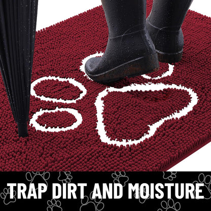 Smiry Dog Door Mat for Muddy Paws, Absorbent Dirt Trapper Non Slip Quick Dry Washable Chenille Mat for Mud Dogs, Entry Rug for Indoor and Outdoor (24x16 Inches, Burgundy)