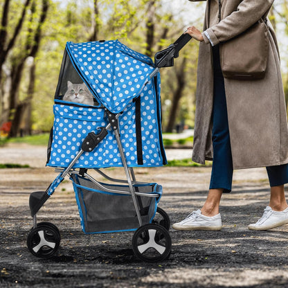 MoNiBloom 3 Wheels Pet Dog Cat Stroller for Small Medium Dogs Cats, Foldable Jogger Stroller w/Storage Basket and Cup Holder, Sky Blue Polka Dots - Pawvie