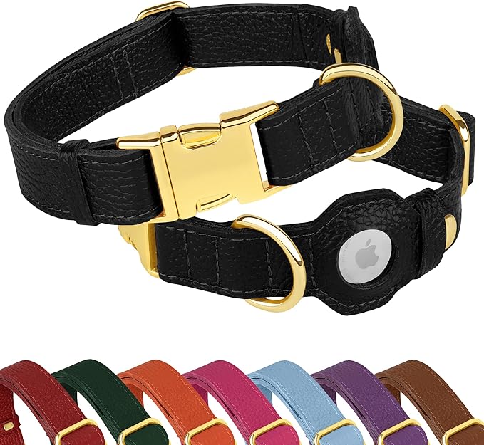 Leather Airtag Dog Collar - Soft Tracking Dog Collar with Apple AirTag Holder and Metal Buckle - Safety GPS Pet Collars for Small Medium Large Dogs Puppy Pink Red (Black, XS, 9"-12" Neck Fit)