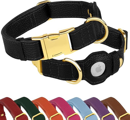 Leather Airtag Dog Collar - Soft Tracking Dog Collar with Apple AirTag Holder and Metal Buckle - Safety GPS Pet Collars for Small Medium Large Dogs Puppy Pink Red (Black, M, 14"-18" Neck Fit)