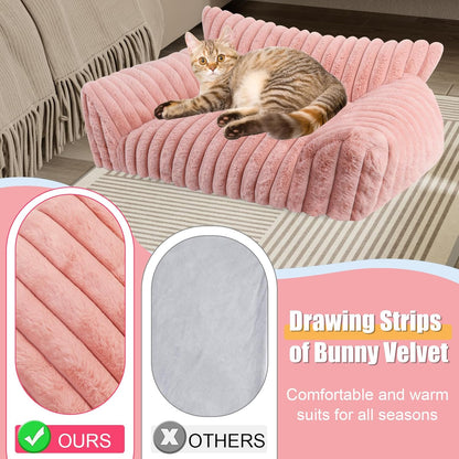 Cute Cat Couch Bed for Indoor Cats, Fluffy Pet Cat Sofa with Premium Soft Corduroy Fleece, Cute Small Dog Beds for Small Dogs, Fuzzy Puppy Chair with Removable Washable Cover (30x20x10,Pink)