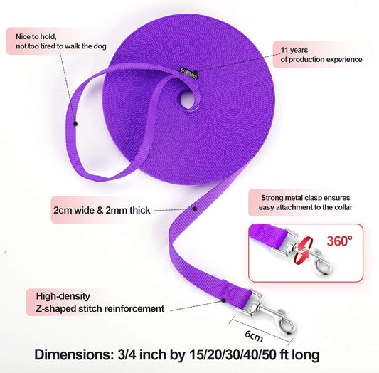 Dog/Puppy Obedience Recall Training Agility Lead - 20ft Long Training Leash,3/4in Wide - Great for Play, Camping, or Backyard(Purple,20 Feet)