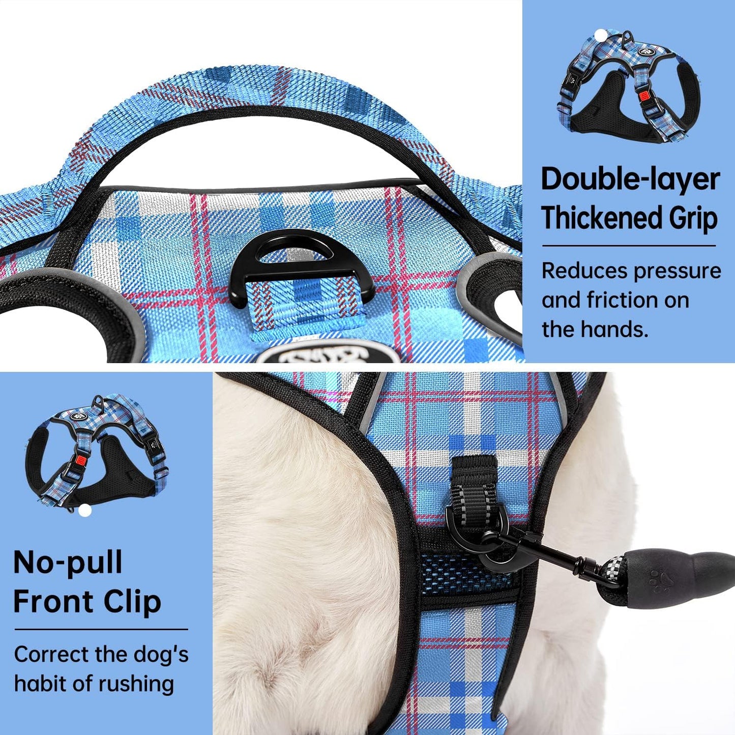 IVY&LANE No Pull Dog Harness with Leash Set, Reflective No Choke Pet Vest,Adjustable Oxford Dog Vest Harness with Easy Control Handle for Large Dogs (Checkered Blue,XL)