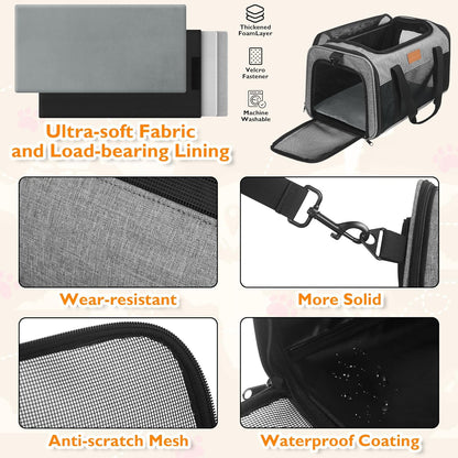 PETUX TSA Approved Pet Carrier in Cabin, 17"x11"x9.5" Soft Cat Carriers for Small Cat up to 12 lb and Puppy up to 10 lb, Top Open Portable Pet Carrier Airline Approved for Travel and Vet Visit (Grey)
