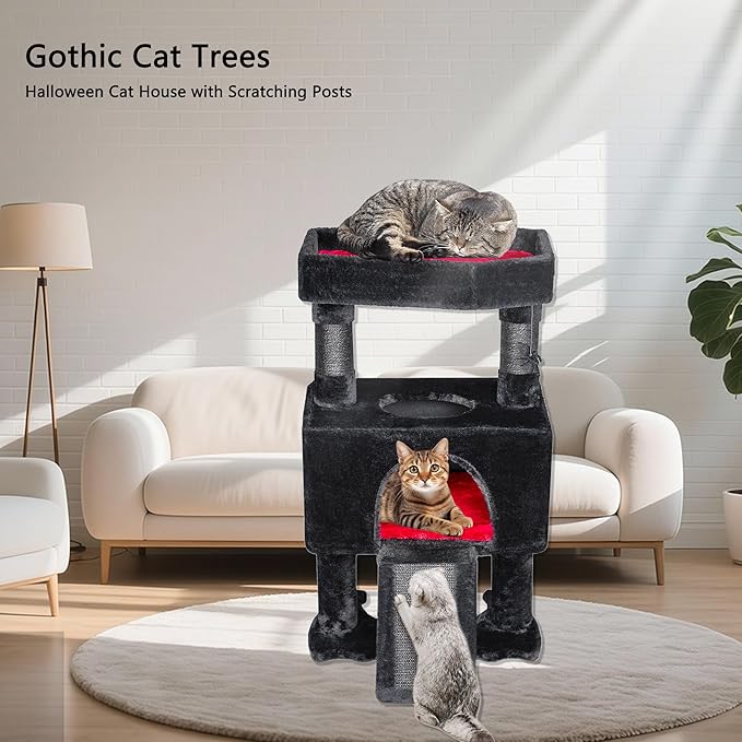 BEWISHOME Cat Tree Tower for Indoor Gothic Cat Trees with Coffin Bed, Cat Condo Cat House with Scratching Posts, Cat Shelves with Spider Toy, Pet Play Activity Center Black with Red, MMJ95R