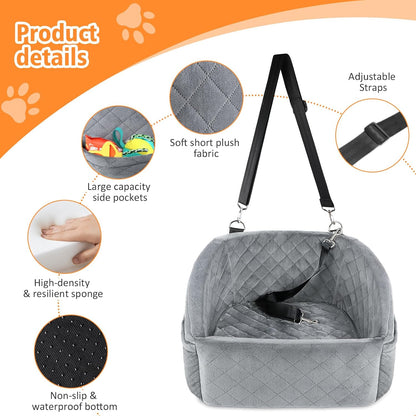 Dog Car Seat for Small Dogs,Detachable Washable Dog Booster Seat for Medium Dogs Under 30lbs, Pet Car Seat Travel Bed with Storage Pockets and Dog Safety Belt (Grey) - Pawvie