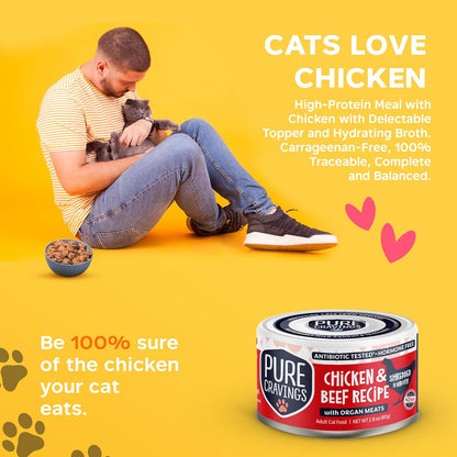 Chicken and Beef Recipe in Broth, Shredded Wet Cat Food, Grain-Free Protein, Non-GMO, 12 Pack