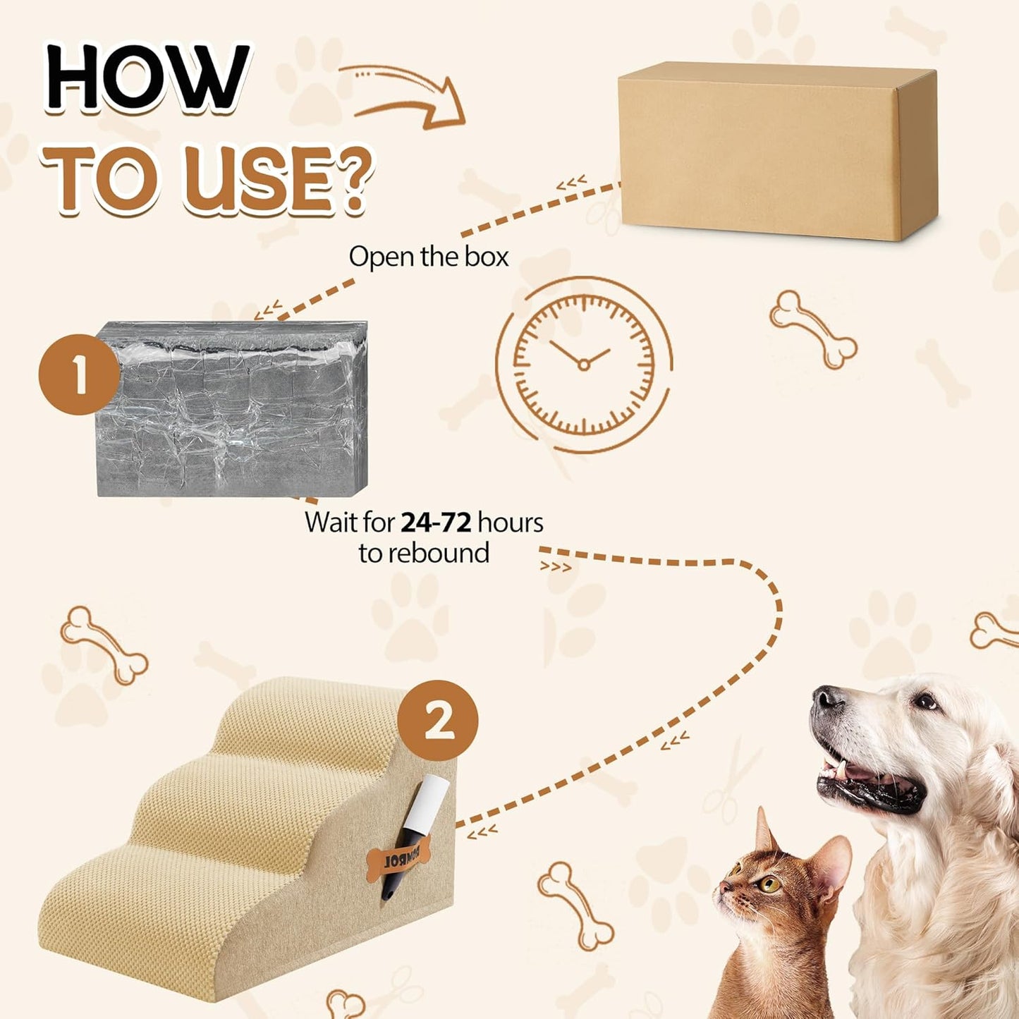 Romrol Dog Stairs Ramp for Beds Couches, Extra Wide Pet Steps with Durable Non-Slip Waterproof Fabric Cover, Dog Slope Stairs for Small Dogs and Cats or Pets Friendly, 3-Tiers, 13 Inch,Beige - Pawvie