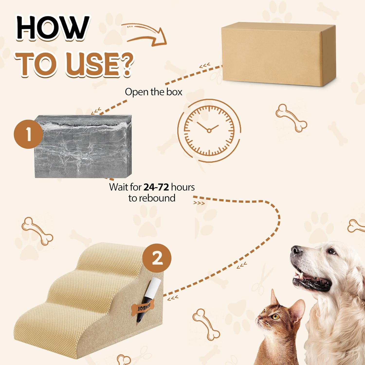 Romrol Dog Stairs Ramp for Beds Couches, Extra Wide Pet Steps with Durable Non-Slip Waterproof Fabric Cover, Dog Slope Stairs for Small Dogs and Cats or Pets Friendly, 3-Tiers, 13 Inch,Beige - Pawvie