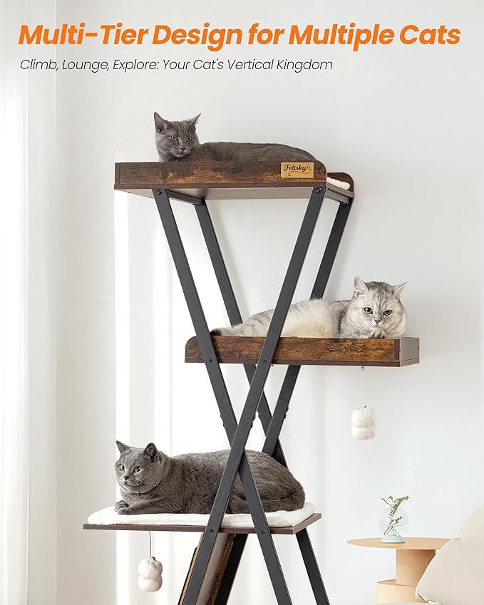 Modern Wood Cat Tree Tower for Indoor Cats Large Adult - 67 Inch Tall Multi-Level Heavy Duty Cat Condo Trees Furniture with Caves Perch Bed Scratching Board - XL Big Sturdy Wooden Kitty House