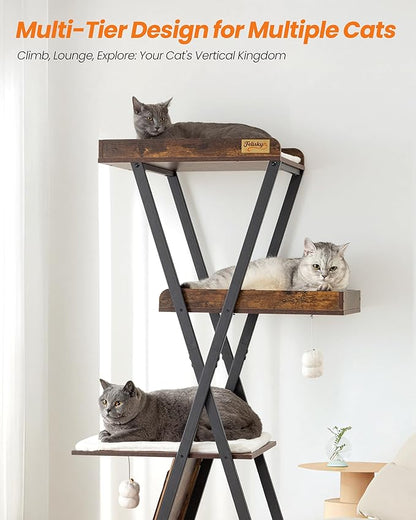 Modern Wood Cat Tree Tower for Indoor Cats Large Adult - 67 Inch Tall Multi-Level Heavy Duty Cat Condo Trees Furniture with Caves Perch Bed Scratching Board - XL Big Sturdy Wooden Kitty House