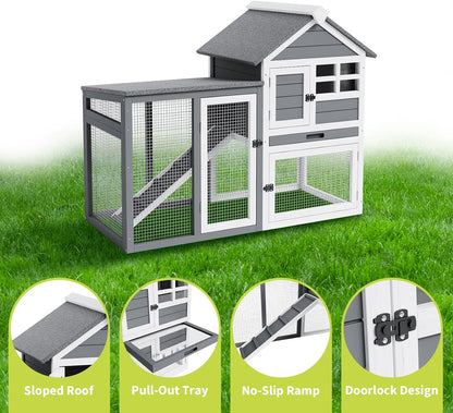 2-Tier Rabbit & Chicken House,Wooden Chicken Coop & Bunny Cage with Non-Slip Ramp, 4 Doors,Waterproof Roof & Pull-Out Tray,Outdoor/Indoor Pet Cage