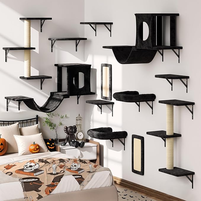 NUNU LAB Wall Mounted Cat Wall Shelves, 12-in-1 Cat Wall Climber with Condos House, Scratching Post, Bridge Ladder, Indoor Space-Saving Furniture for Kittens Play, Black