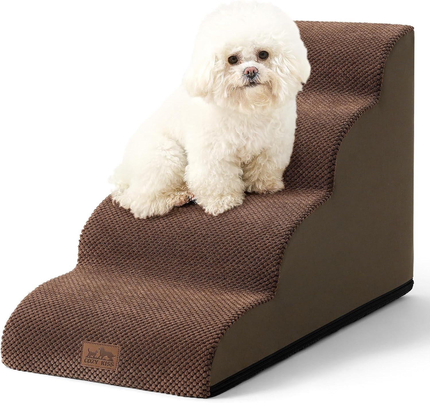 Dog Stairs for Small Dogs 19.7" H, Curved Dog Step for Puppy, Older or Cat, Medium Pet Ramp for Sofa, Couch or Bed, Ladder with High Density Foam, 15.7x28.3x19.7 inch, 4 Step, Brown - Pawvie