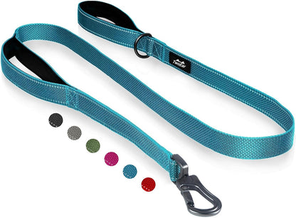 TwoEar 4FT 1IN Strong Blue Dog Leash with 2 Padded Handles, Traffic Handle Extra Control, Comfortable Soft Dual Handle, Auto Lock Hook, Reflective Walking Lead for Small Medium and Large Dogs