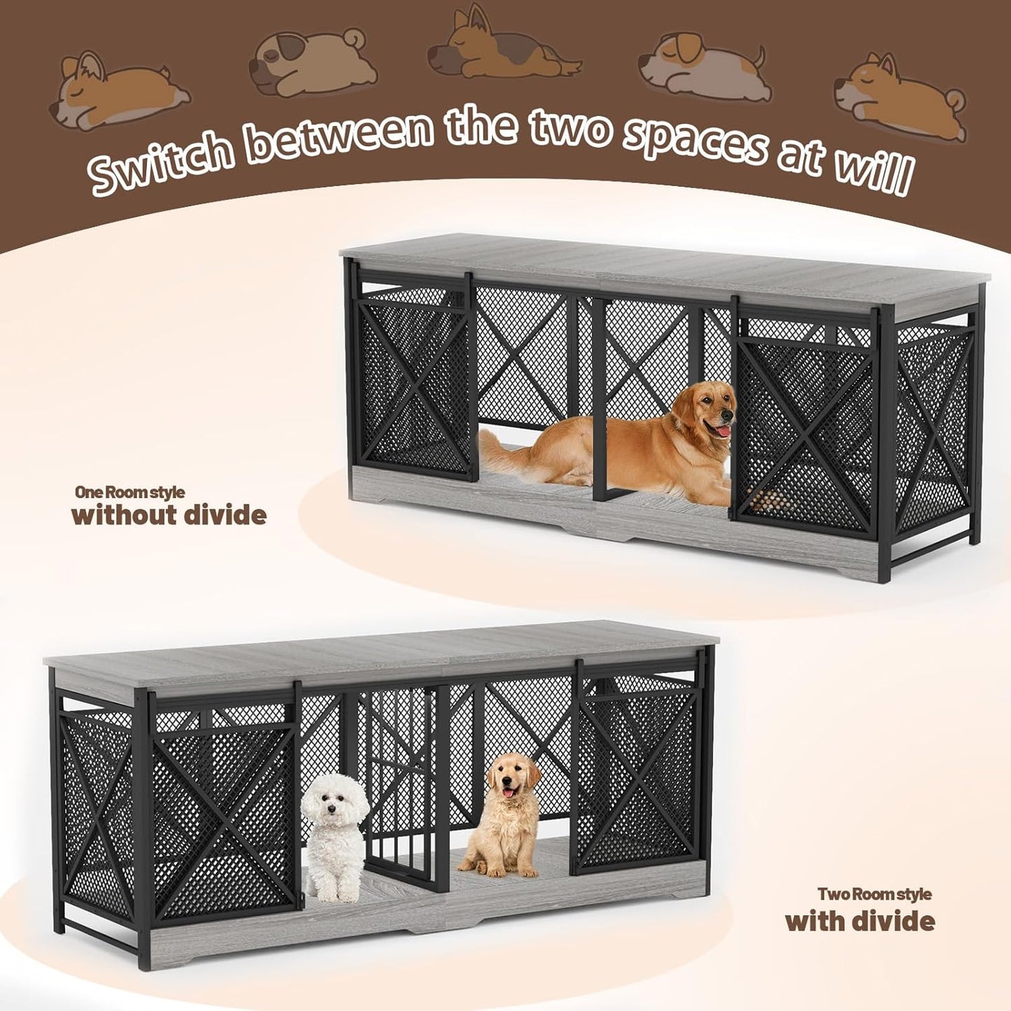 COZPAW 78 Inch Double Dog Crate Furniture, Extra Large Dog Kennel Indoor for Medium Large 2 Dogs, Heavy Duty Dog Cage Chew-Resistant Steel and Wooden Pet House with Removable Divider (Grey)