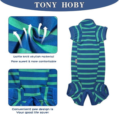 TONY HOBY Dog Pajamas for Medium Small Dogs, Dog Jumpsuit with Stripes 4 Legged Pajamas, Soft Dogs Pet Clothes (Blue&Green, Girl,M)