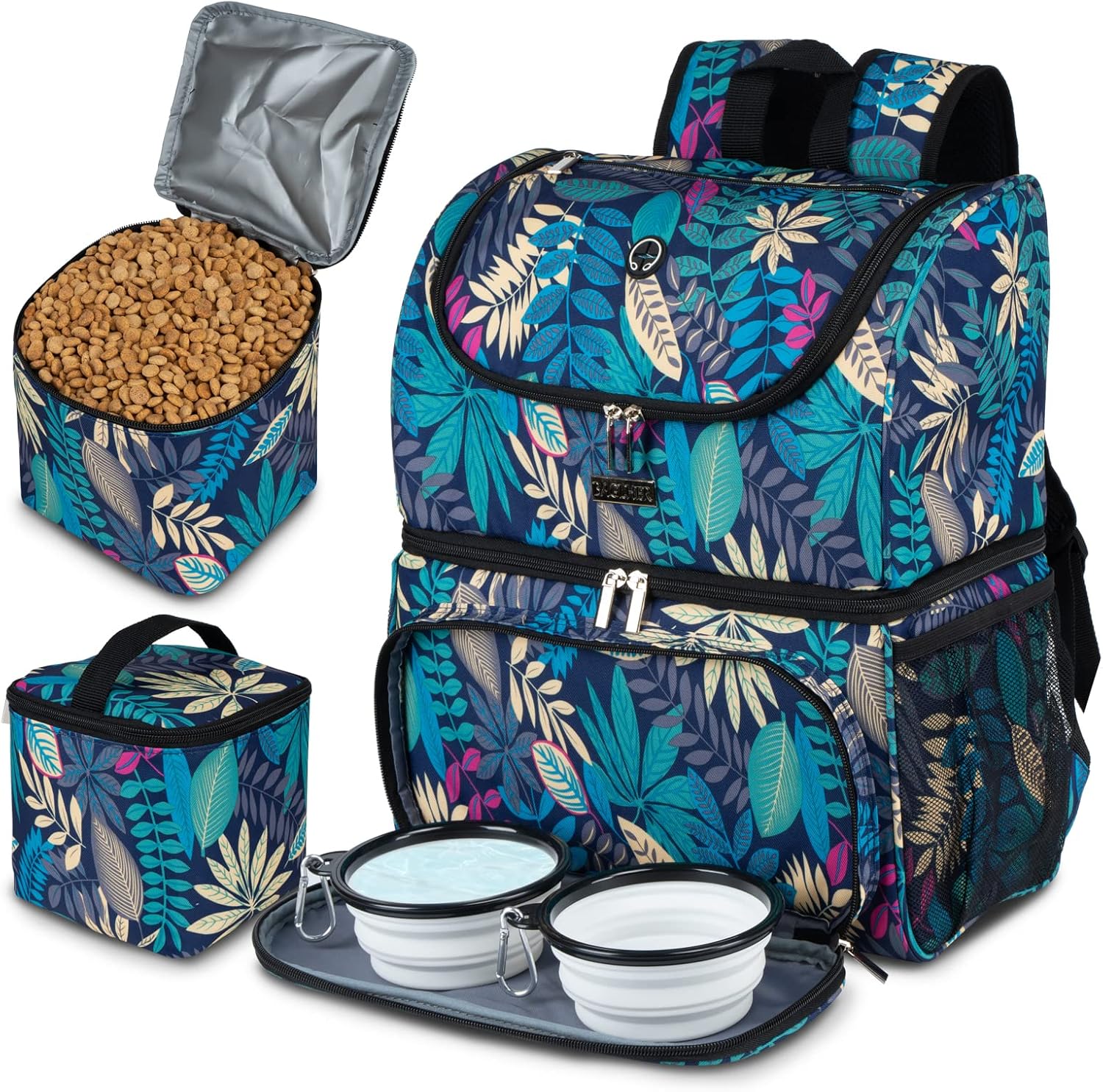 BAGLHER Pet Travel Bag, Double-Layer Pet Supplies Backpack (for All Pet Travel Supplies), Pet Travel Backpack with 2 Silicone Collapsible Bowls and 2 Food Baskets Hawaii - Pawvie
