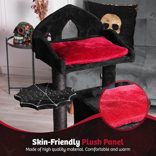 Gothic Cat Tree - 40" Goth Cat Bed, Spacious Condo, Spooky Hanging Bat, Durable Sisal Scratching Post - Elegant Black Cat Tree for Majestic Felines