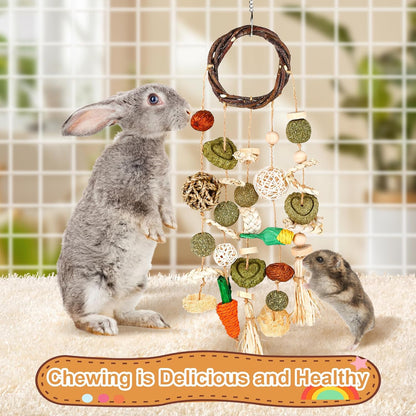 VESPRO Bunny Chew Toys, Rabbit Cage Hanging Chewing Toy and Treats Snack Ring, for Rabbits Chinchilla Guinea Pig Hamsters Grinding Teeth with Other Small Pets, Natural Materials Handwoven (5 Strings)