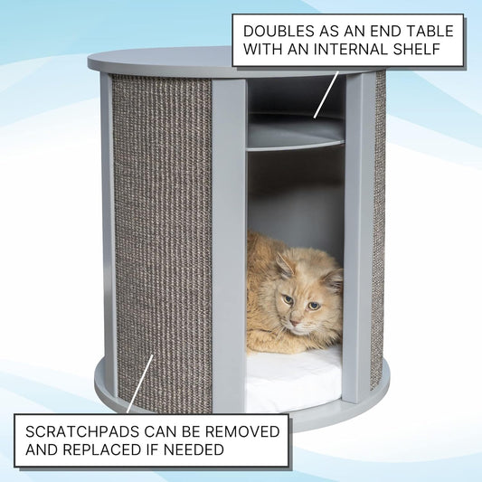 THE REFINED FELINE Purrrrfect End Table Cat Bed Cave in Smoke Gray, Multipurpose Wood Cat Furniture Nightstand, Easy to Clean Covered Cat Bed with Replaceable Scratching Post & Washable Cushion