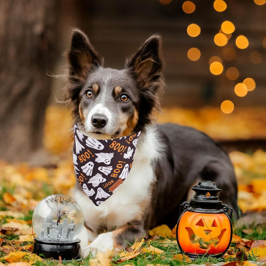 PTDECOR Halloween Dog Bandana, Reversible Holiday Pet Scarf, Multi Size, Triangle Puppy Halloween Bandanas for Medium Large Dogs Pets (Black & Orange, Large)