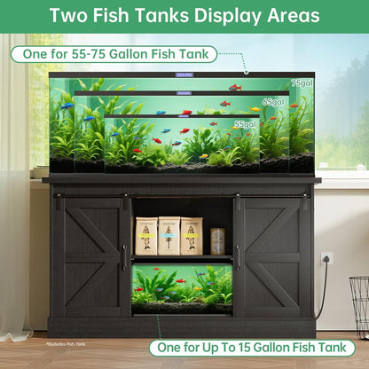 Fish Tank Stand Up to 75 Gallon, Aquarium Stand with Sliding Barn Doors & Power Outlet, Black Farmhouse Style Stand with Cabinet Storage for Fish Tank, Turtle Tank, Reptile Terrarium,1000LBS Capacity