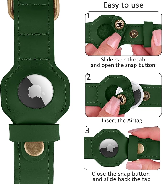 AirTag Dog Collar - Genuine Leather Dog Collar with Apple AirTag Holder and Metal Buckle - Smart GPS Tracking Pet Collars (Dark Green, S, 12"-15" Neck Fit)