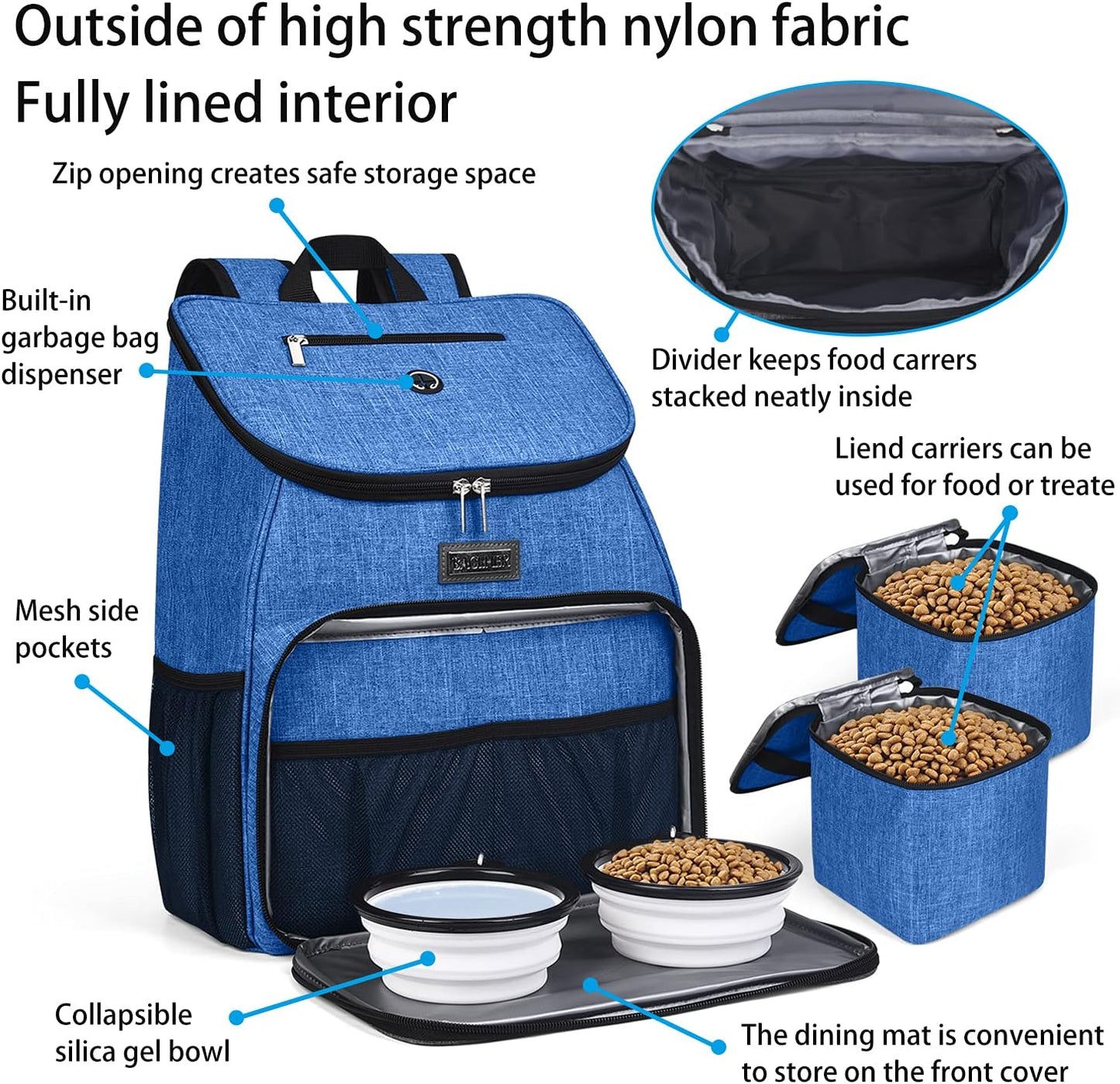 BAGLHER丨Dog Travel Bag, Airline Approved Pet Supplies Backpack, Dog Travel Backpack with 2 Silicone Collapsible Bowls and 2 Food Baskets - Pawvie