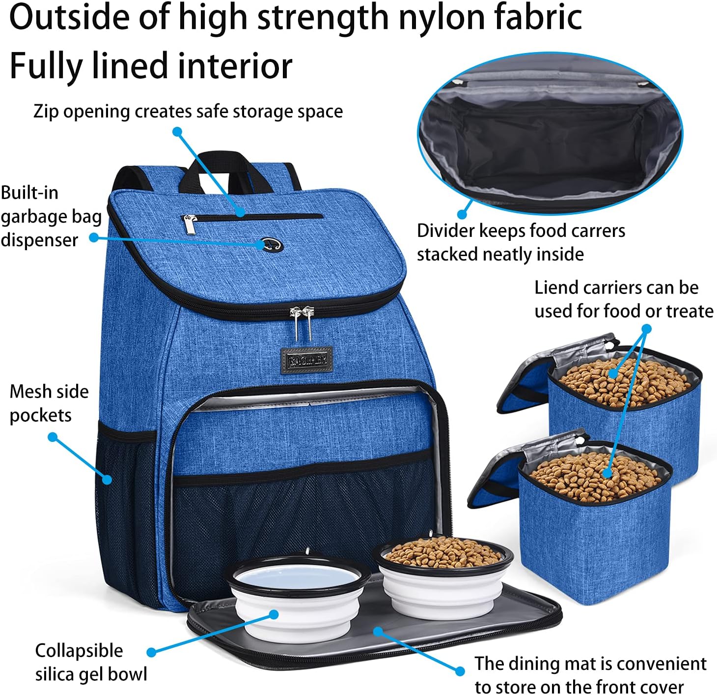 BAGLHER丨Dog Travel Bag, Airline Approved Pet Supplies Backpack, Dog Travel Backpack with 2 Silicone Collapsible Bowls and 2 Food Baskets - Pawvie