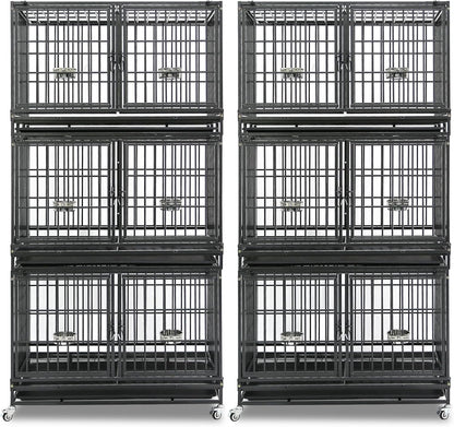 Homey Pet 2 Pack Three Tiers 43 inch Stackable Heavy Duty Dog Crate with Wheels, Indestructible Steel Dog Cage Kennel Indoor with Detachable Divider, Trays, Feeding Bowls, Escape Proof Locks