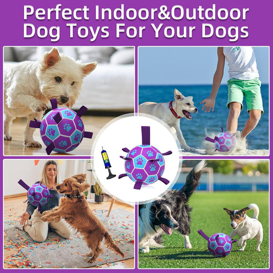 QDAN Dog Ropes Toys Soccer Ball with Straps, Puppy Birthday Gifts, Tug of Toy, Water Toy, Durable Balls for Dogs, Medium Small Breed, 6 Inch