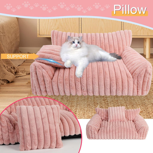 Cute Cat Couch Bed for Indoor Cats, Fluffy Pet Cat Sofa with Premium Soft Corduroy Fleece, Cute Small Dog Beds for Small Dogs, Fuzzy Puppy Chair with Removable Washable Cover (24x18x10,Pink)