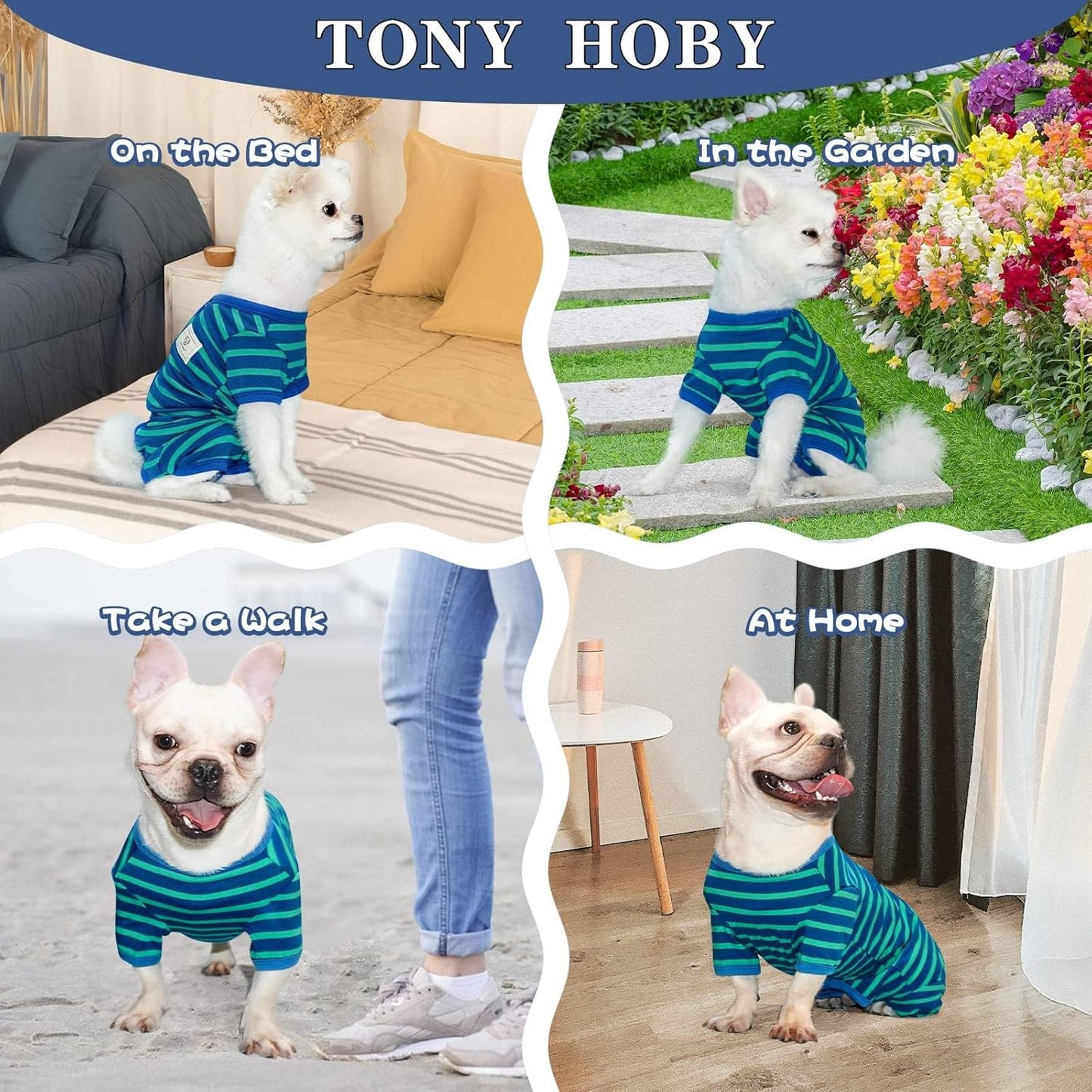 TONY HOBY Dog Pajamas for Medium Small Dogs, Dog Jumpsuit with Stripes 4 Legged Pajamas, Soft Dogs Pet Clothes (Blue&Green, Girl, XS)